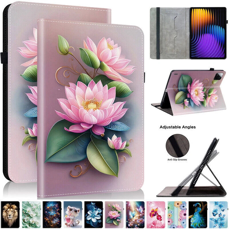 Floral card-slot tablet case with adjustable stand for tablet, pink lotus artwork