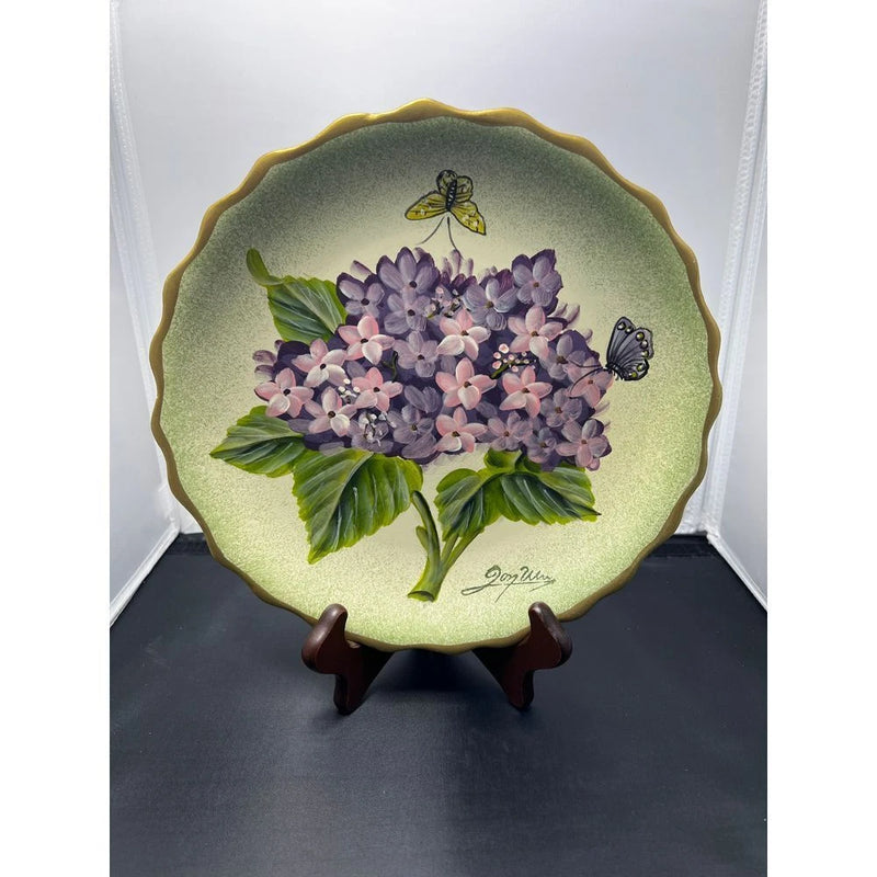 Hand Painted Decorative Hydrangea Floral Plate Butterfly Gold Trim Display Stand Hydrangea