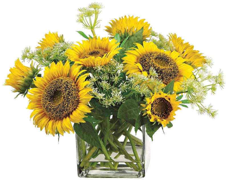 Faux sunflower bouquet with Queen Anne's lace in clear glass square vase