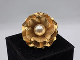 Flower Brooch Rose Carnation Gold Tone Large Petals W/ Faux Pearl Center Carnation