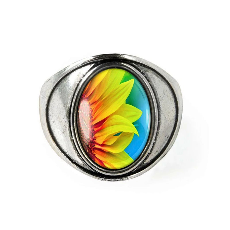 Silver-tone oval cabochon ring with colorful sunflower design center