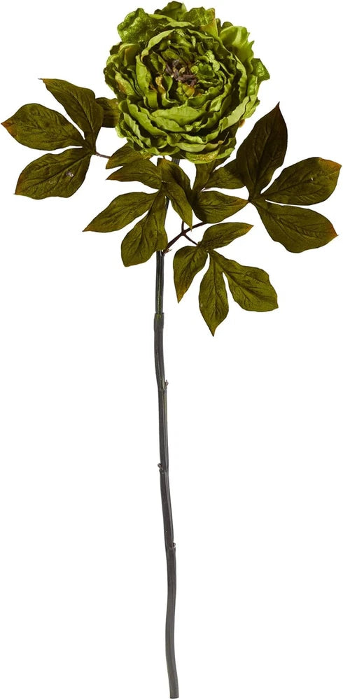 Artificial peony flower stem with green bloom and leafy accents, 30-inch