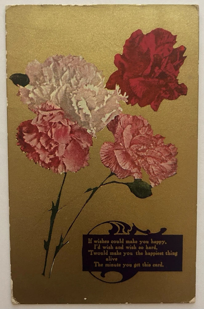 Vintage Gold Gilt Postcard Red & Pink Carnations with Sentimental Verse Carnation