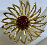 VINTAGE SIGNED GOLD PLATED RUBY RED RHINESTONE FLOWER SUNFLOWER DAISY BROOCH PIN Sunflower
