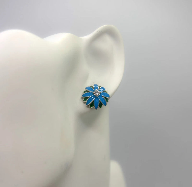 925 Silver, Sunflower Earrings-Blue Sunflower