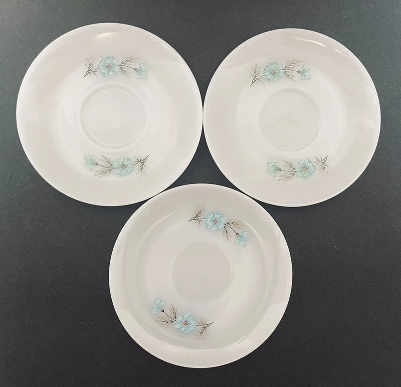 Milk glass saucer set of three with blue flower and leaf pattern