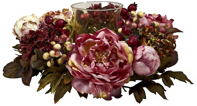 Peony and Hydrangea 16" Wide Holiday Faux Floral Candelabrum Hydrangea
