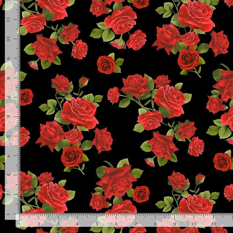 Floral fabric with black background, red roses, and green leaves