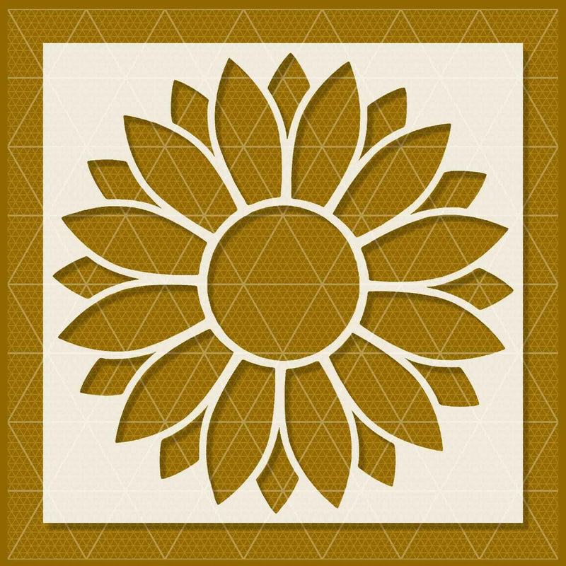Sunflower stencil design with layered petals and central circle, floral leaf pattern