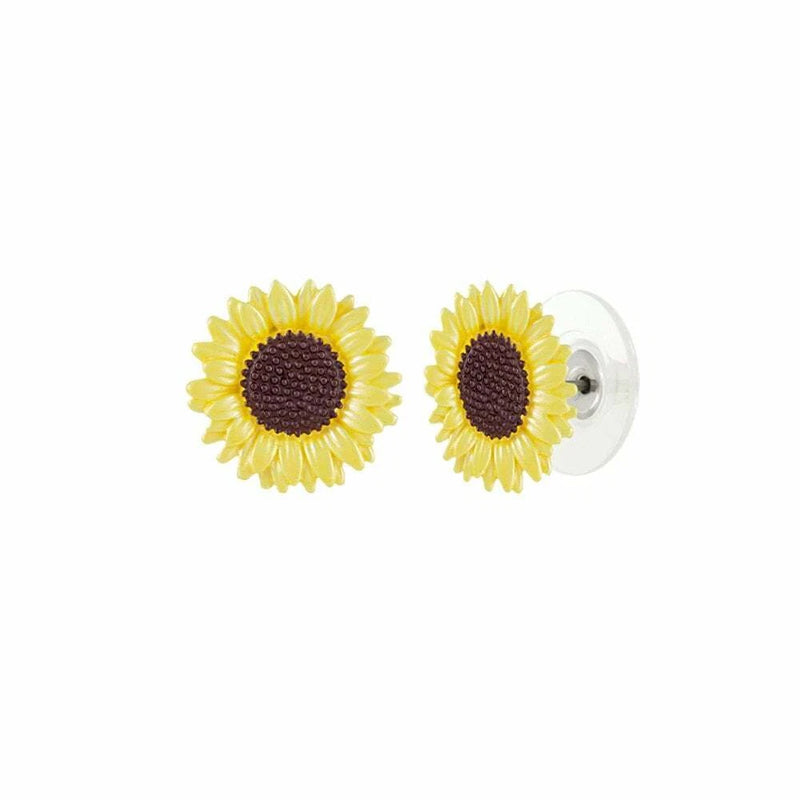 Sunflower Yellow Enamel Silver Tone Flower Stud Pierced Earrings Sunflower