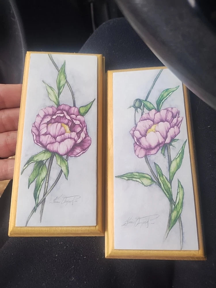 Wooden watercolor or print of a pink peony flower by the artist Kim Osgood. Peony