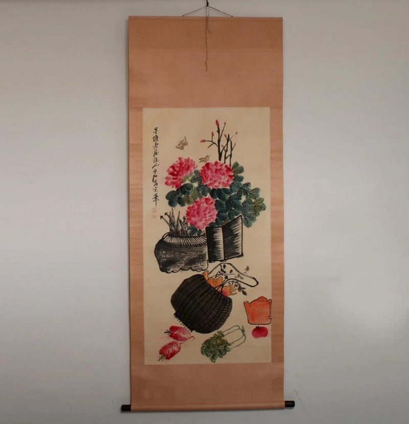 Chinese watercolor scroll painting with pink peonies in vase and ink calligraphy