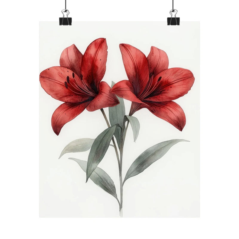 Red lily flower art print poster with two blossoms and green leaves
