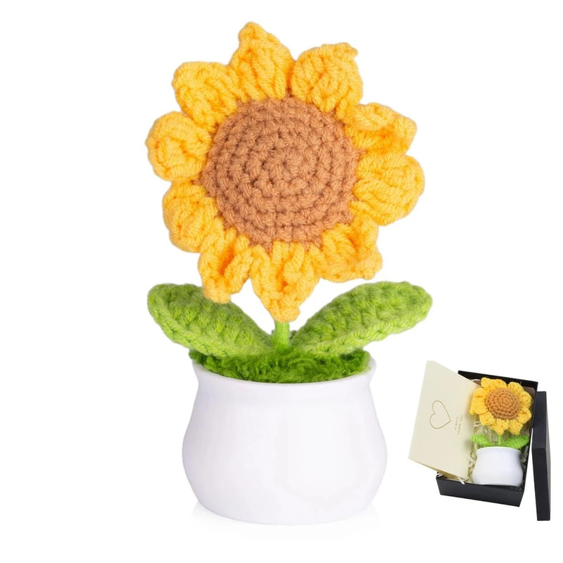 Handmade crochet sunflower with green leaves in white pot, decorative desk decor