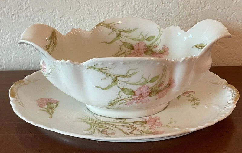Haviland Gravy Boat w/ Underplate - Pink Carnation & Ribbon Hallmarked Baltimore Carnation
