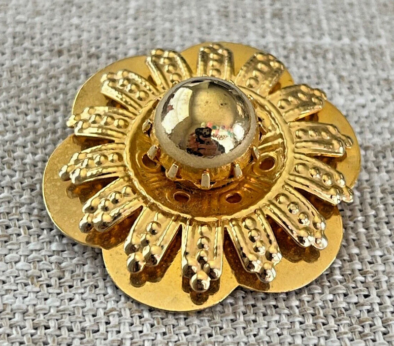 Gold tone sunflower scarf clip with 3D floral petals and shiny central gem