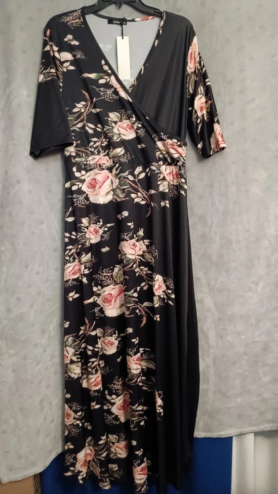 Womens floral wrap dress in dark fabric with pink and cream rose print, short sleeves