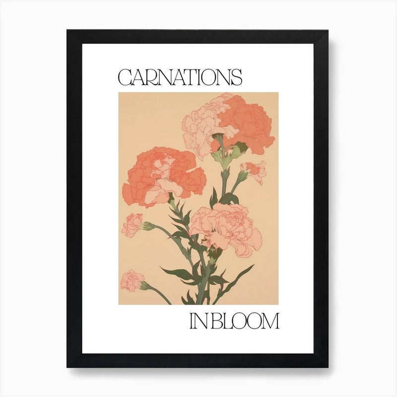 Framed wall art with vintage carnations illustration in peach and pink, with INBLOOM text