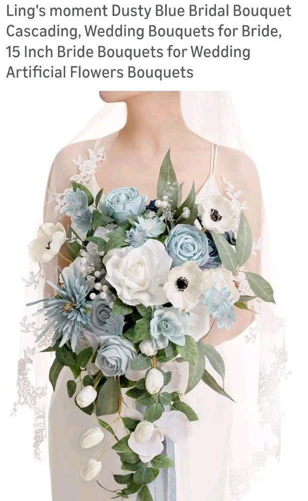 LingÕs Moment Dusty Blue Bridal Bouquet Cascading Wedding 15Ó Artificial Flowers Bouquet