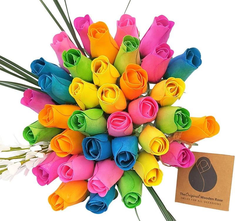 6 Color Spring Flower Bouquet. The Original Wooden Rose 1, 2, 3 Dozen Green Plant