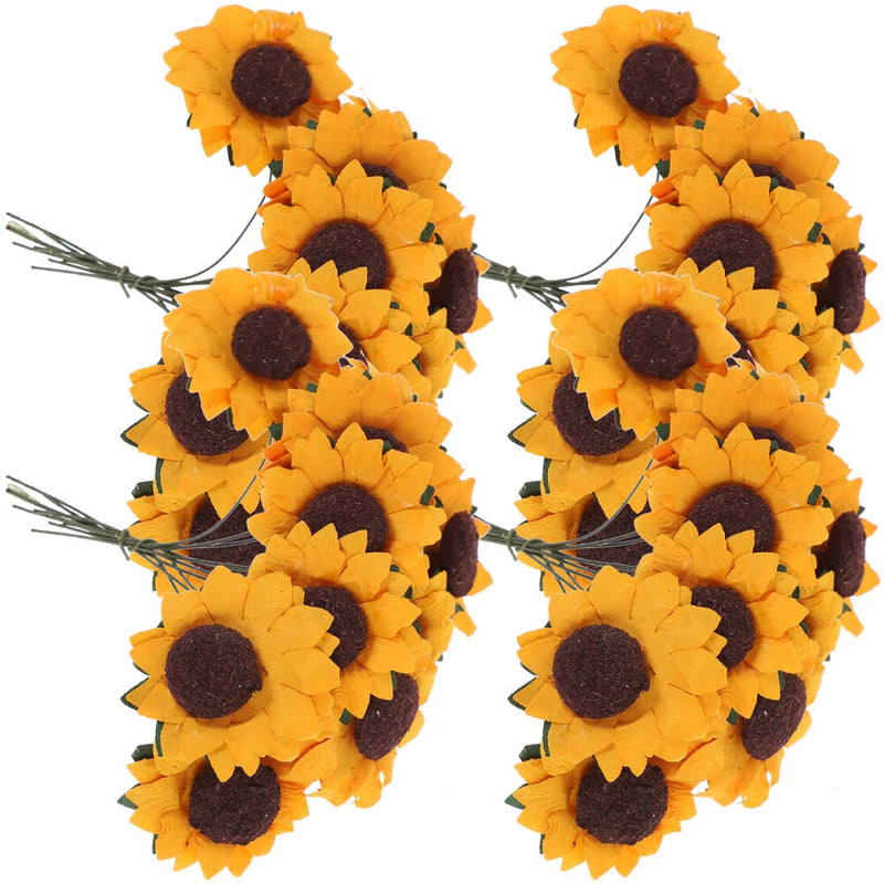 Set of artificial sunflower paper flowers: four orange blooms with dark centers and green stems.