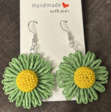Handmade Green Beaded Daisy Flower Earrings Daisies