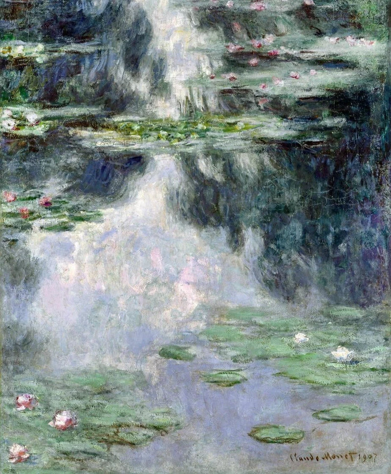 Water lily pond canvas wall art print with pink flowers and floating lily pads