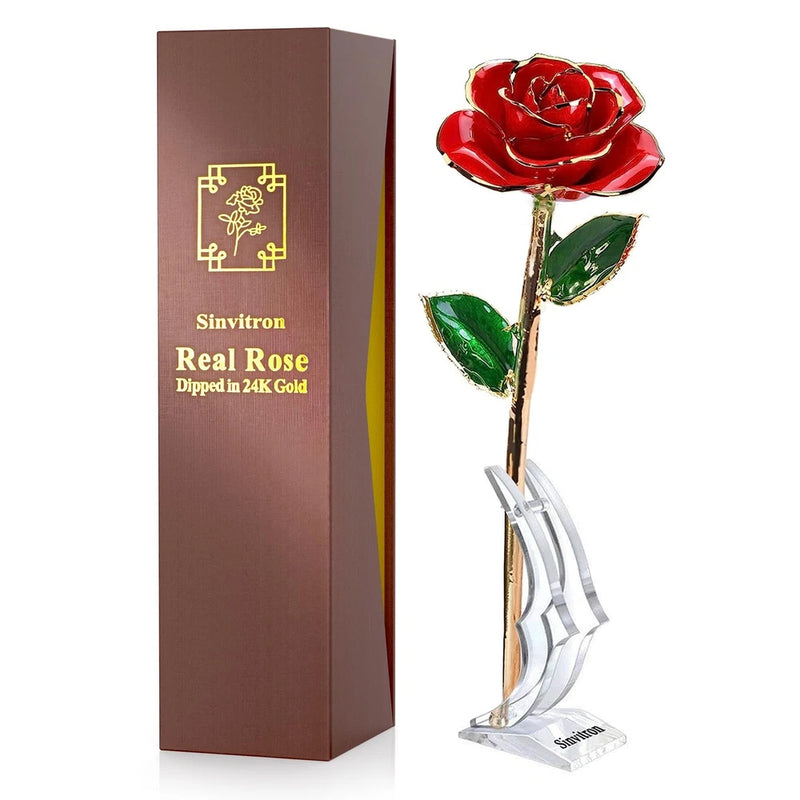 Gold-dipped red infinity rose with green leaves and clear acrylic base