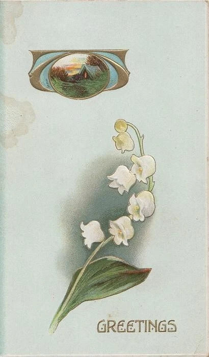 Flowers Lilies of the valley, GREETINGS in gilt, Tuck Birthday card, circa 1910 Lily