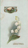 Flowers Lilies of the valley, GREETINGS in gilt, Tuck Birthday card, circa 1910 Lily