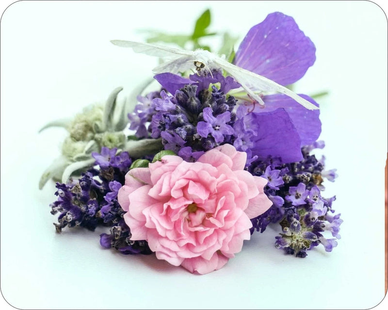 Floral mouse pad with pink rose and purple blossoms, rectangular rounded corners