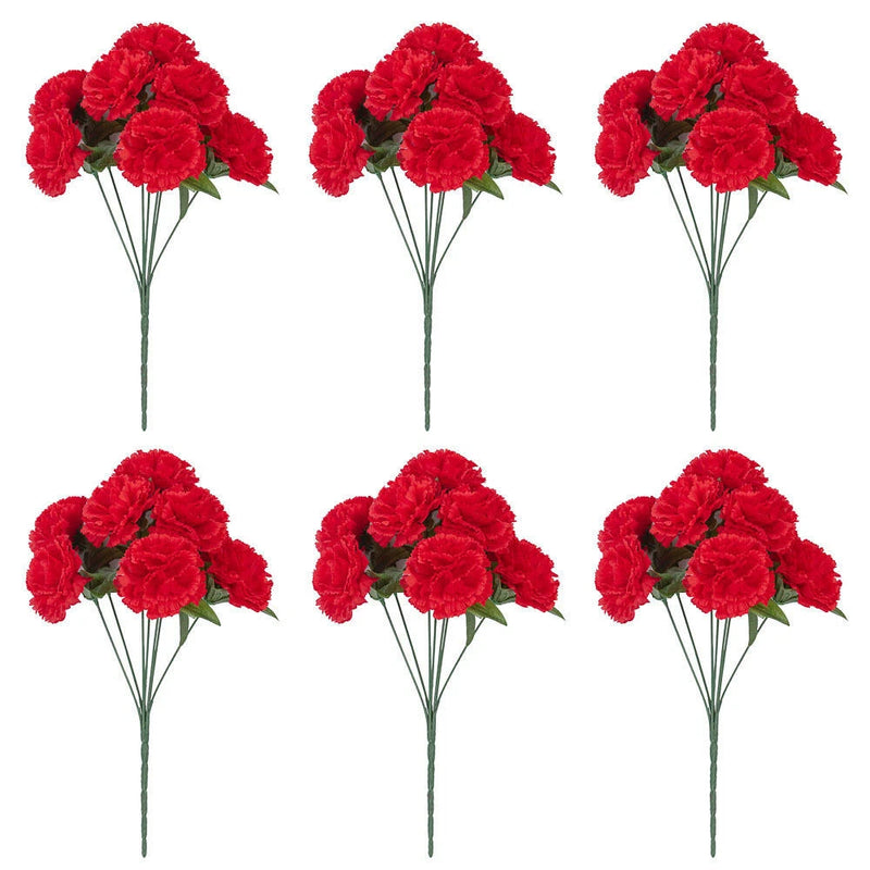 Set of 6 red artificial carnation bushes with full blooms and green stems