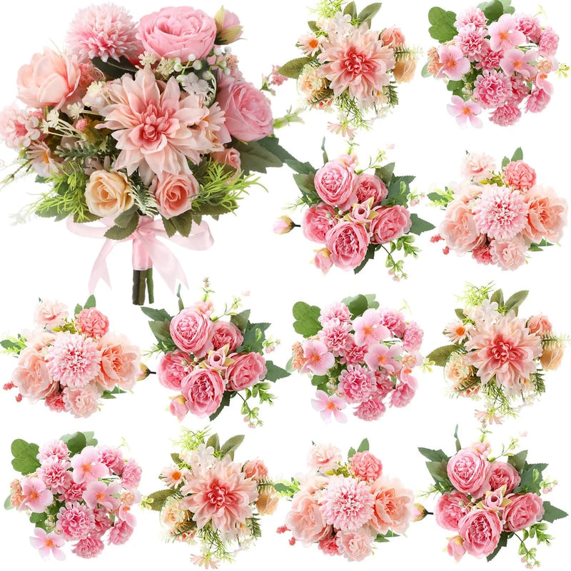 Set of pink faux peony and rose artificial flower bouquets with green leaves