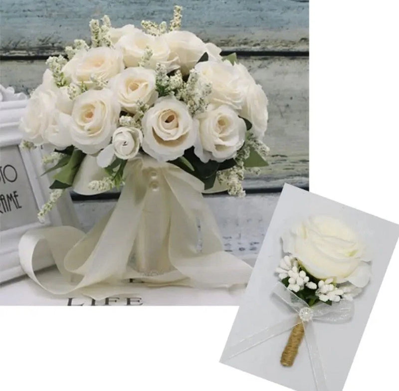 Holding Flowers Artificial Natural Rose Wedding Bouquet with Silk Satin Ribbon Bouquet