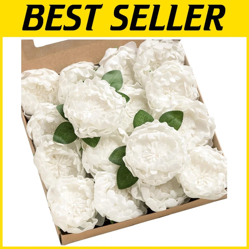 Artificial white peony blossoms with green leaves, set of 16 in display box