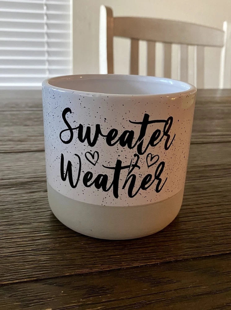 Ceramic flower pot planter with “Sweater Weather” decorative text