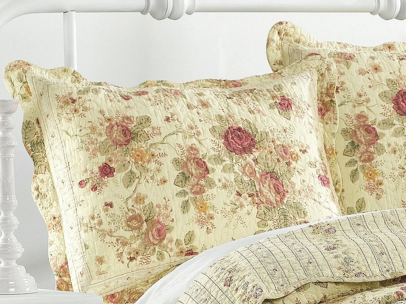 Quilted king pillow sham in cream with red rose floral pattern, shabby-chic style