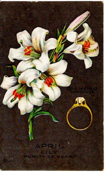 Vintage April birthday postcard with lily flower illustration and diamond-stone ring