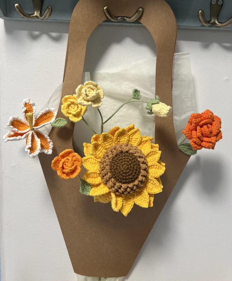 Autumn Crochet Flower Bouquet Handmade Sunflower Lily Rose Fall Home Decor Gift Sunflower