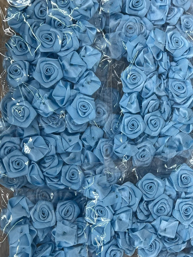 Light blue ribbon rose flowers, 1-inch, tightly packed decorative bundle