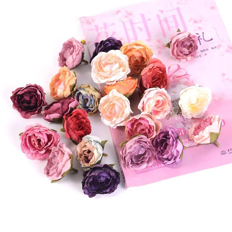 Artificial silk rose head flowers set with assorted small bloom pieces in mixed colors