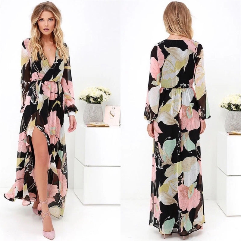 Lulus Wondrous Water Lilies Maxi Dress Small Black Floral New Lily