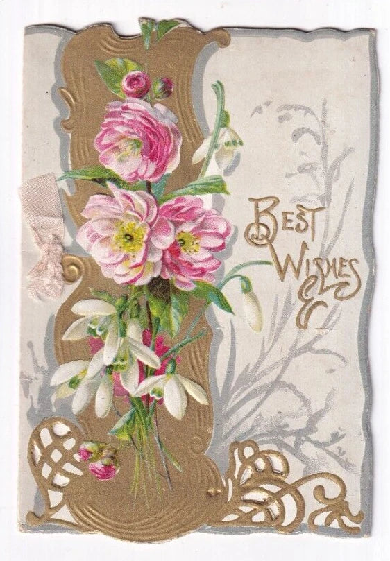 Vintage greeting card with pink peony bouquet, gold gilt trim, 'Best Wishes'.