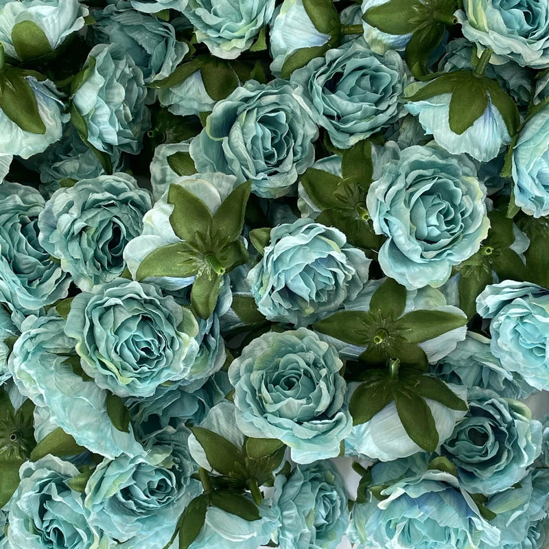 Artificial silk peony flower heads in light blue with green leaves, 5-pack