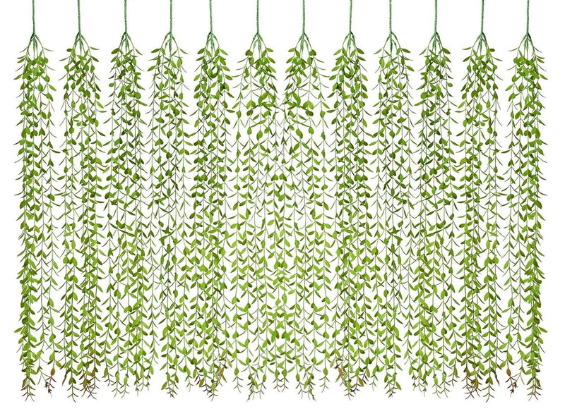 Artificial willow leaf vine garland with cascading green strands, 12 pieces