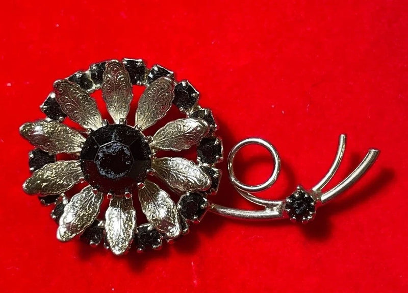 Vintage Silver tone Swirl Sunflower Daisy 3D Black Rhinestone Flower Brooch Pin Sunflower