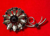 Vintage Silver tone Swirl Sunflower Daisy 3D Black Rhinestone Flower Brooch Pin Sunflower