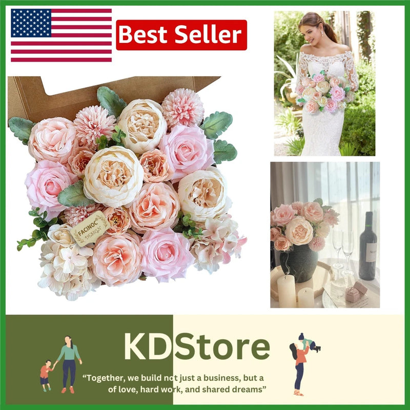 Artificial peonies and roses flower set with pink, peach, cream blooms and green leaves