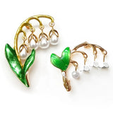 2pcs Brooch Lily of The Valley White Pearl Flower Gold Green Leaves Lovely Pin Lily