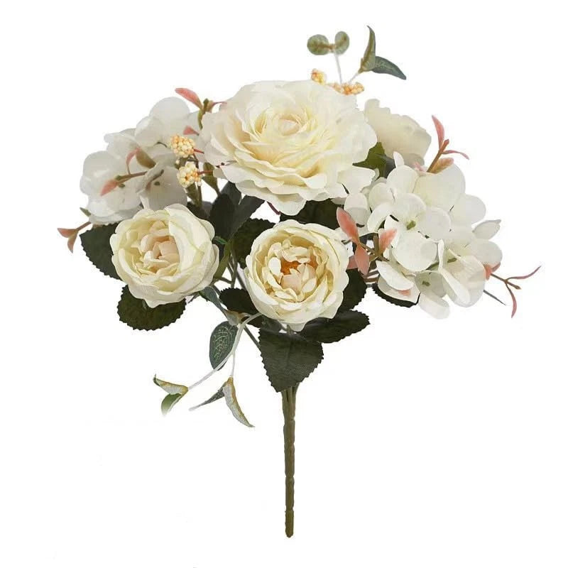 Artificial peony bouquet with cream flowers, white blooms, and green leaves on a stem